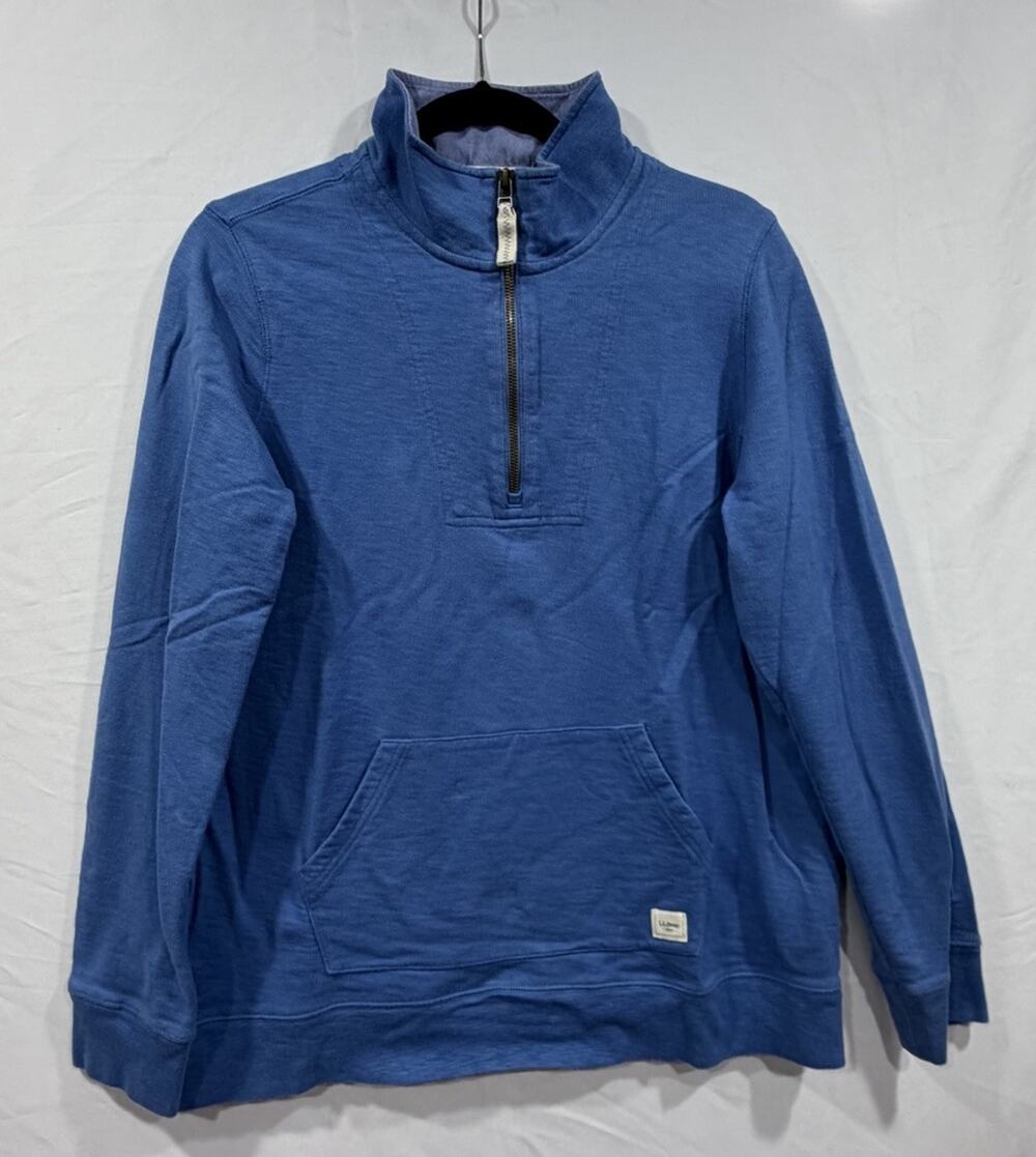 LL Bean Organic Cotton 1/4 Zip Pullover Sweatshirt Womens Large Reg Blue Sweater